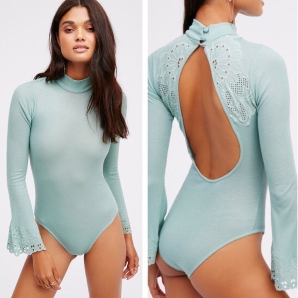 Free People Ribbed Magdalena Crochet Lace Open Back Bodysuit
